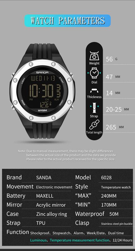 SANDA-새로운 패션 밀리터리 남성용 시계, 체온 모니터 50M 방수 스포츠 시계 LED 전자 손목 시계 6028