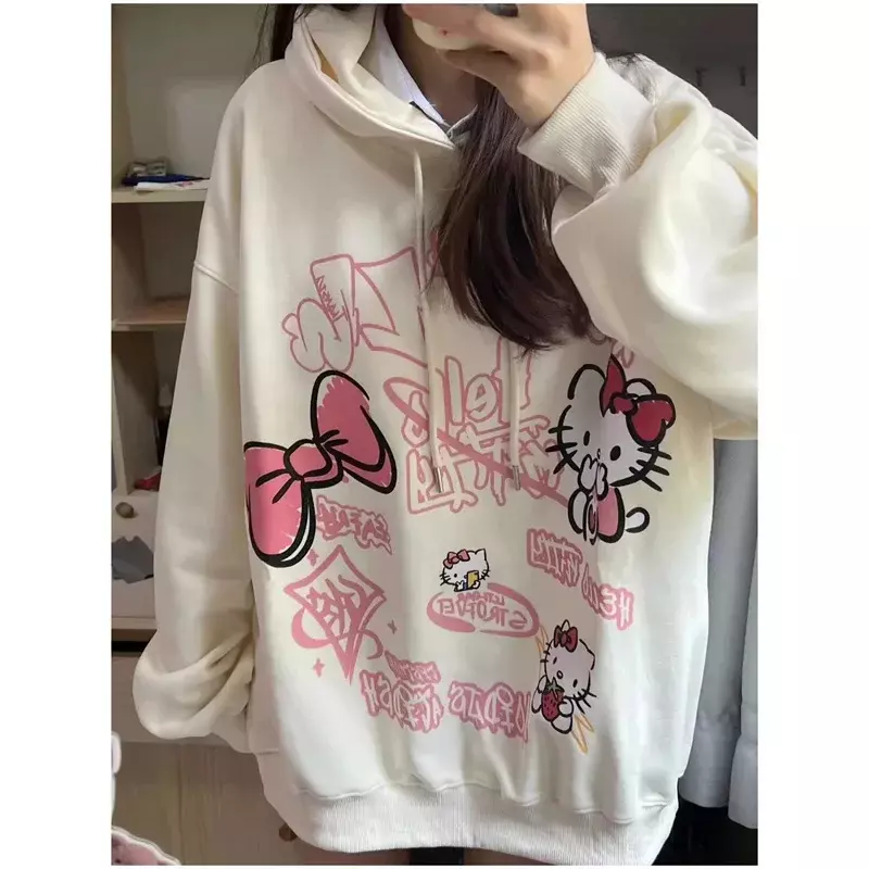 Sanrio Hello Kitty Nieuwe Print Tops Dames Heren Herfst Winter Esthetische Losse Sweatshirts Y 2K Schattige Pullovers Mode Kleding