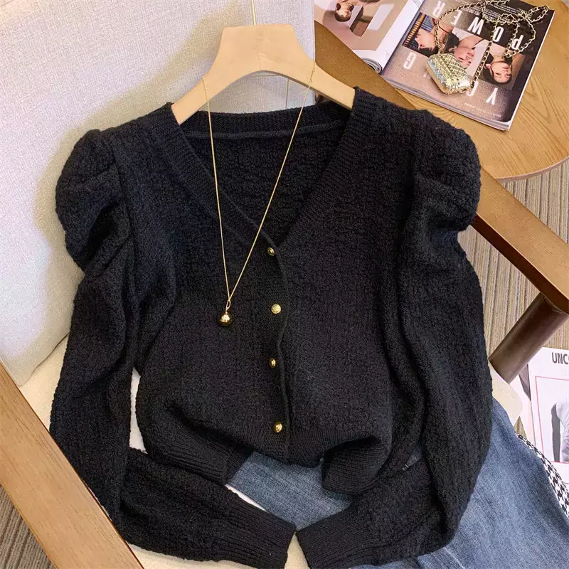 Puff Sleeve Autumn Winter Clothes Women Sweaters Solid V Neck Korean Fashion Cardigans Sweet Vintage Ropa De Mujer