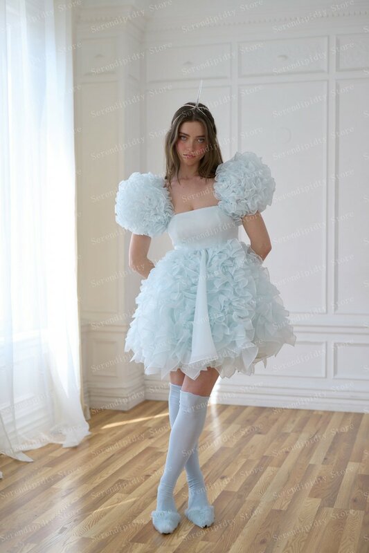 Light Blue Ruffles Square Neck Organza Ball Gown Bubble Sleeve Layered Mini Party Dress Princess Birthday Dresses Custom Made