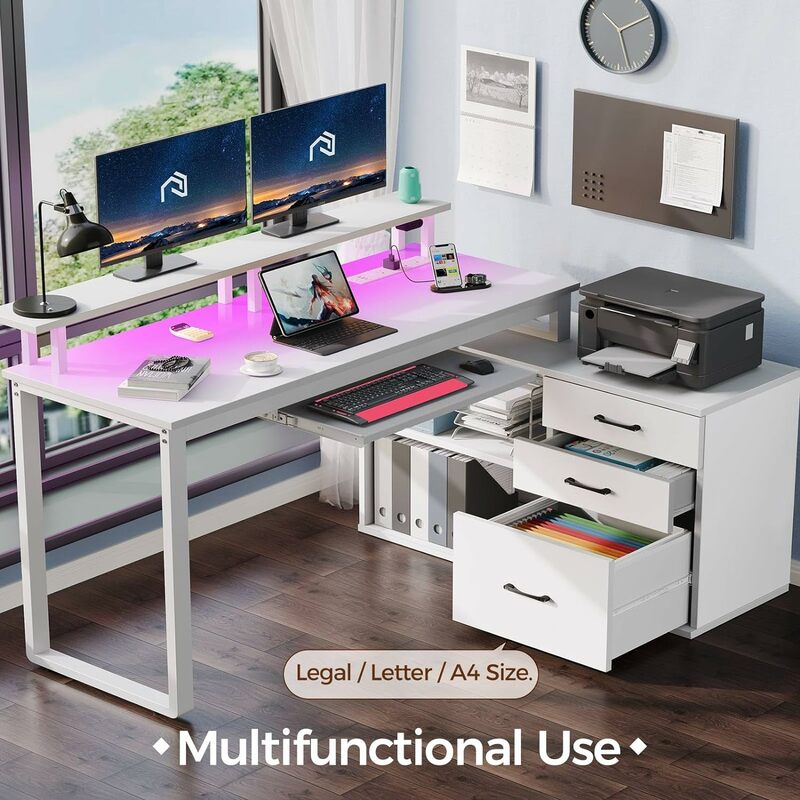 Computer tisch mit Schubladen und Steckdose, weißer reversibler l-förmiger Schreibtisch mit LED-Streifen und Tastatur ablage, 55 Zoll ho