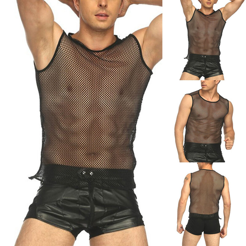 Maillot de corps en maille transparente pour hommes, haut précieux sexy, chemise en résille, chemise en fibre de ficelle, voir à travers la nuit, vêtements de sport minces