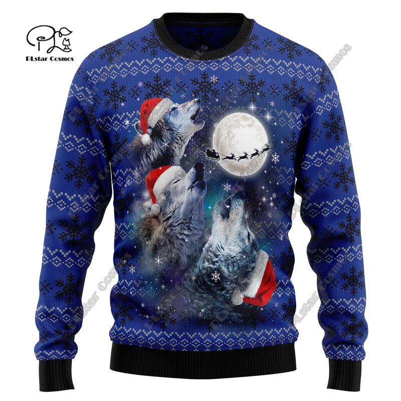 Suéter con estampado 3D de elementos navideños, suéter con patrón de árbol de Navidad, Papá Noel, arte feo, calle informal, S-11 de invierno