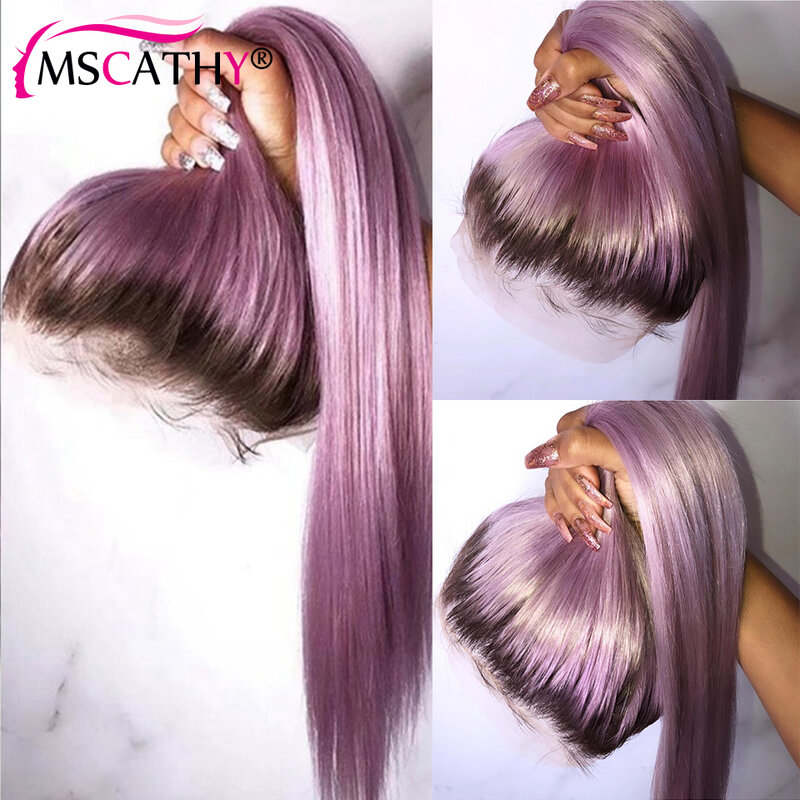 Peluca de cabello humano brasileño liso para mujer, postizo de encaje Frontal transparente, color ombré, púrpura y verde claro