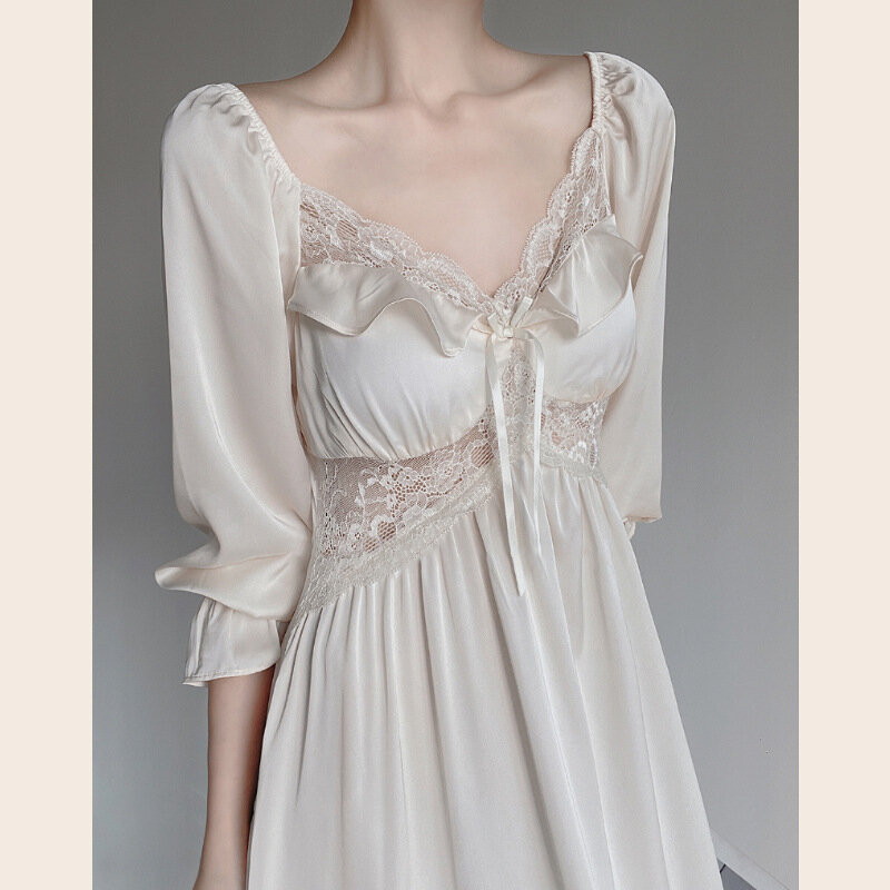 Новинка, весенне-летние Ночные рубашки во французском стиле, женское тонкое длинное платье из ледяного шелка, кружевная пикантная Женская одежда для сна