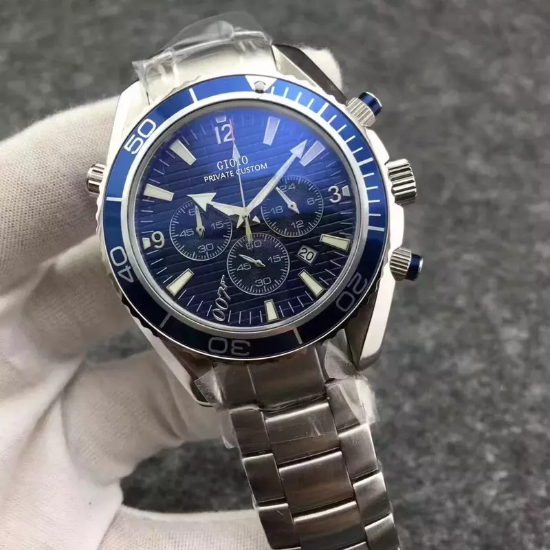 Relógio cronógrafo de quartzo de luxo masculino, aço inoxidável, prata, preto, azul, luminoso, 007 relógios
