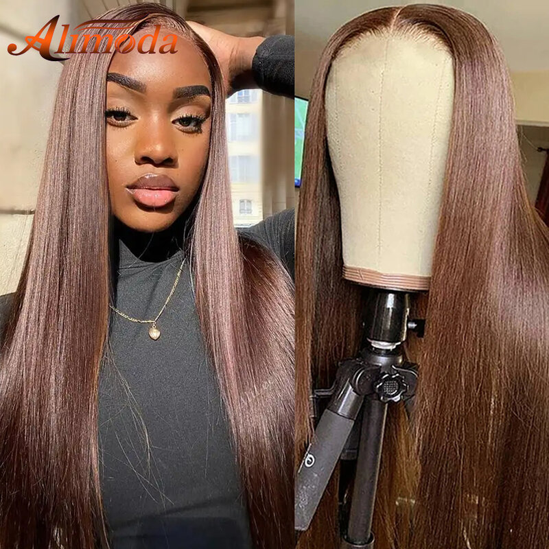 #4 Chocolate Brown Bone Straight Lace Front Wigs 250 Density Brazilian Human Hair Wigs Pre Plucked Transparent Lace Frontal Wigs