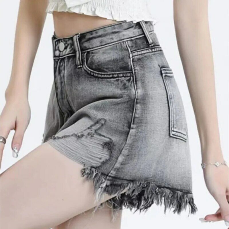 Calção jeans cinza fumaça feminina, design fino e emagrecedor, linha A angustiada, perna larga, calça quente curta, verão, 2XL, novo, 2024