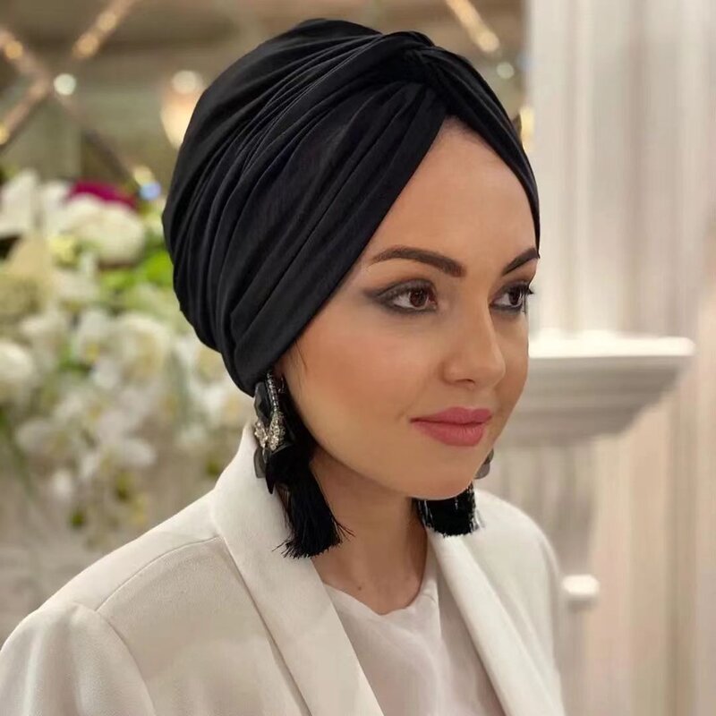 여성용 이슬람 블랙 모달 히잡 언더캡, 아바야 히잡, 즉석 랩, 여성용 주름 실크 캡