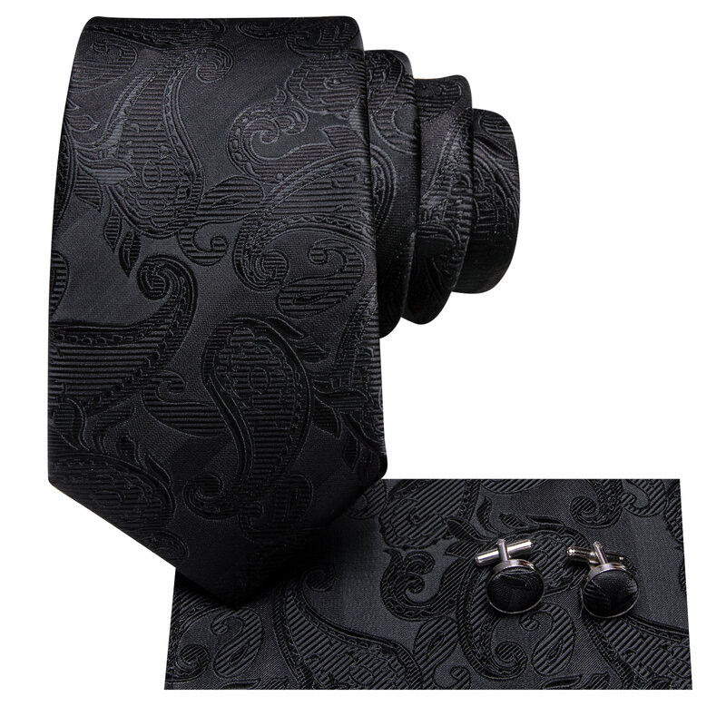 Hi-Tie Black Paisley Designer Gravata elegante para homens, marca de moda, gravata de casamento, abotoadura manual, negócio por atacado
