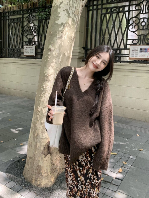 Herbst Winter neue V-Ausschnitt lose Pullover Frauen koreanische Mode Vintage weichen Pullover Pullover übergroße lässige warme Top mittellang