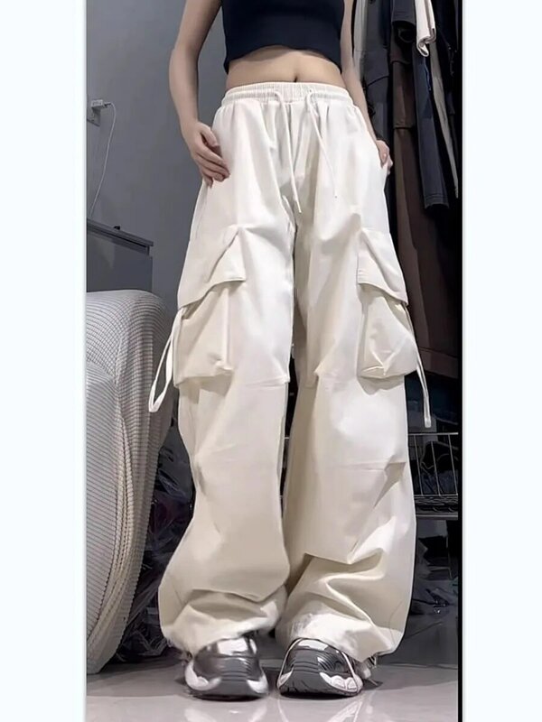Baju kodok Retro wanita, celana panjang lantai kasual longgar pinggang tinggi kaki lurus Musim Panas 2024