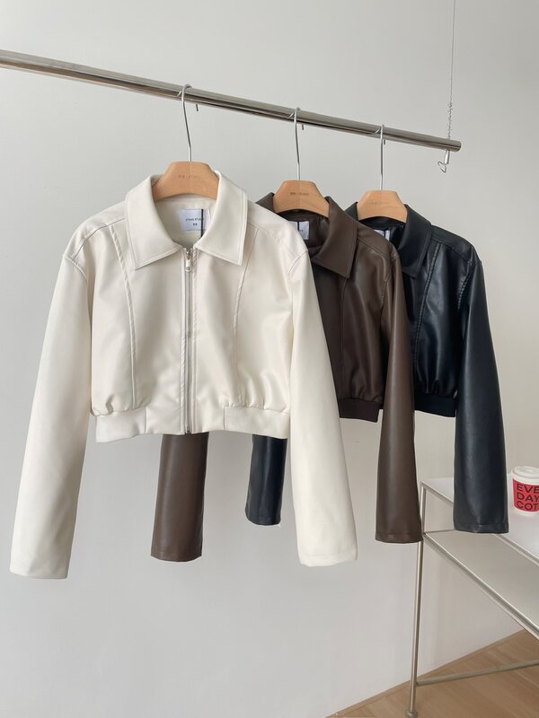 Винтажное короткое кожаное пальто с длинным рукавом, лацканами, женский стиль Y2K, винтажные уличные топы на молнии, модная женская одежда