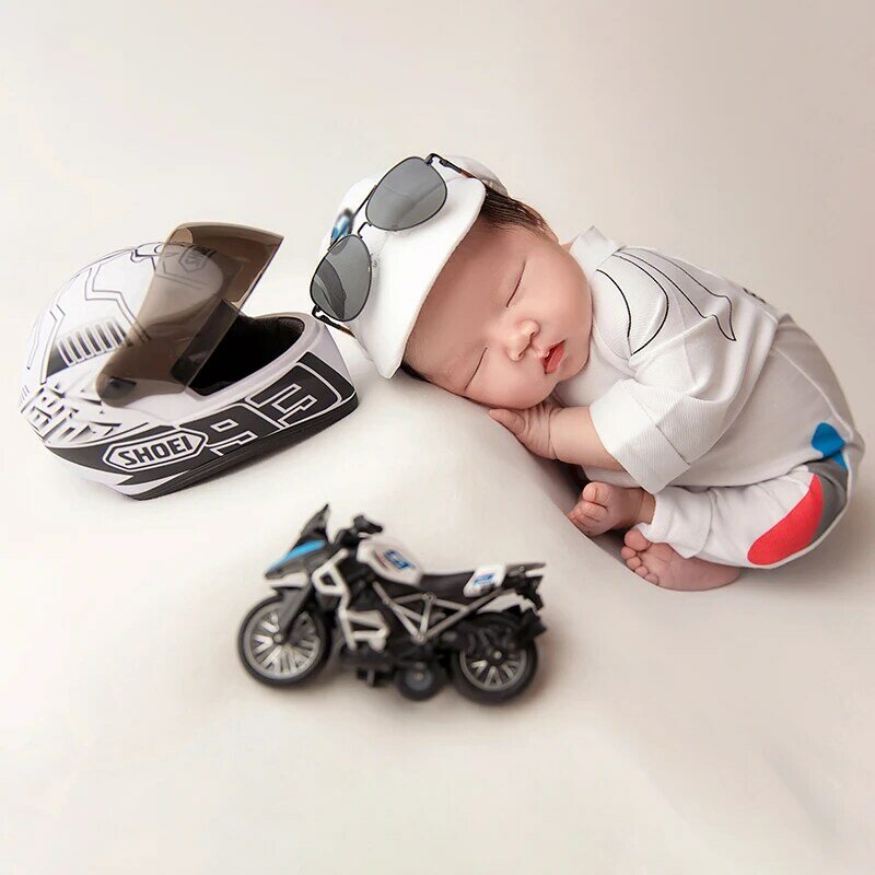 Newborn Photography Colthes Baby Boys Racing Costume Caps Motorcycle Helmet Cool Baby Shoot Romper Studio Shooting Photo Props