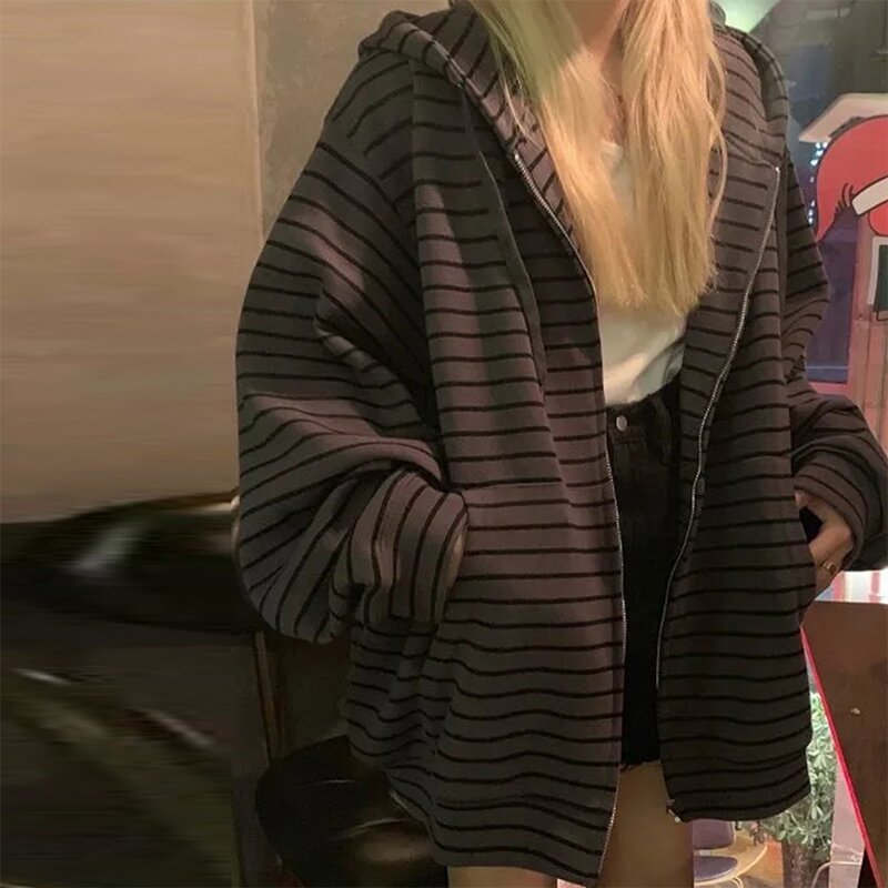 Sudadera con capucha de manga larga para mujer, ropa de calle Harajuku Vintage a rayas con cremallera, estilo coreano Grunge Emo Alt, otoño y primavera