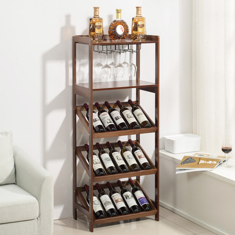 53x33x130cm Wine Cabinet with Stainless Steel Cup Holder Single Door Restaurant Small Wine Shelf Solid Wood LivingRoom WineCase