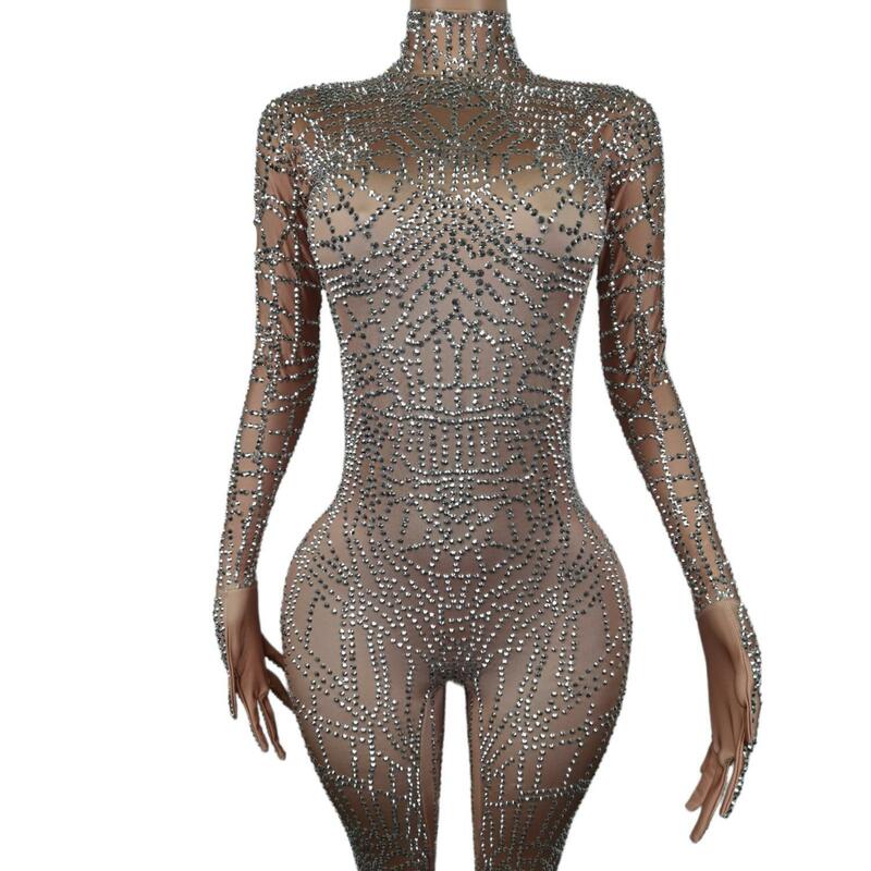 Glitter Rhinestones Gloves Jumpsuit Women Sexy Stretch Bodysuit Party Singer Stage Wear Birthday Drag Queen Costumes Dianwang