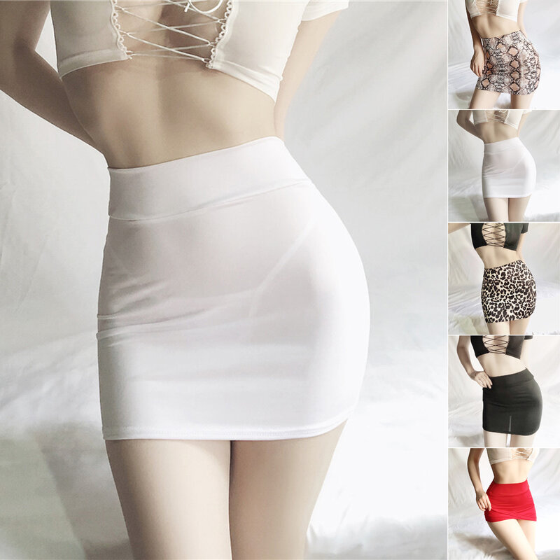 Minifalda transparente con estampado de leopardo para mujer, falda ceñida, transparente, ultrafina, brillante, lencería Sexy de malla, Control de barriga