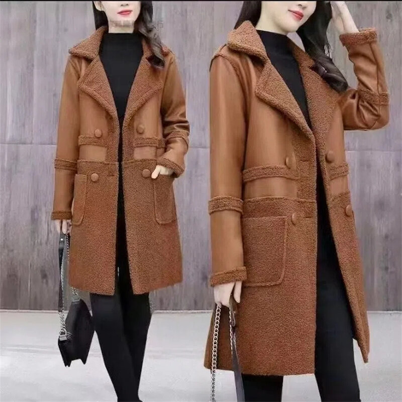 Зимняя Новинка, женское Свободное пальто из искусственной кожи с мехом, женская одежда, бархатное плотное пальто, теплая куртка средней длины, ветровка
