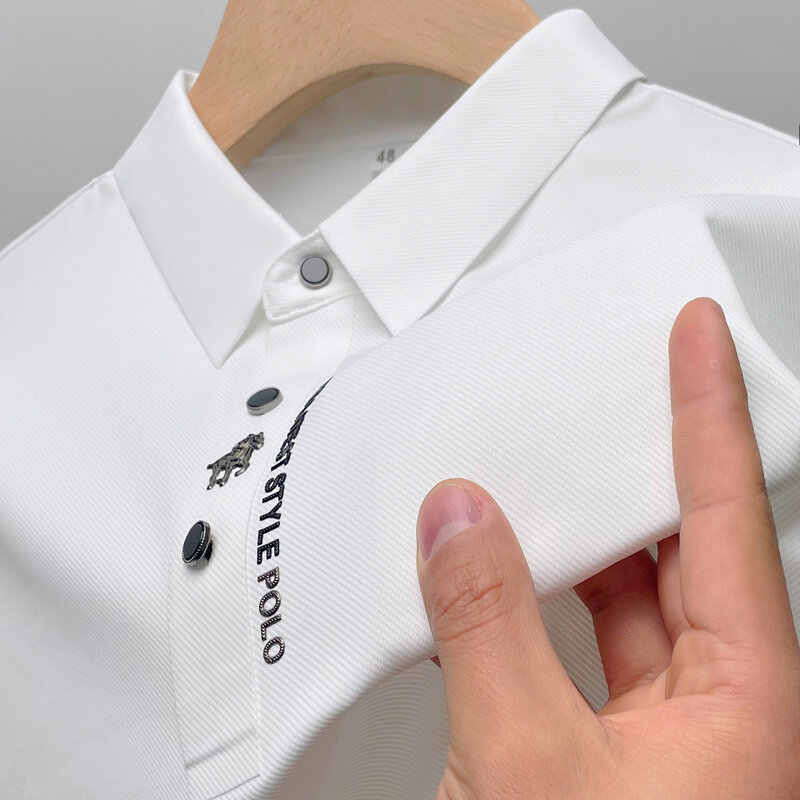 Рубашка-поло с вышивкой из ледяного шелка, новинка 2023, осенне-летняя эластичная футболка-поло с воротником, корейская мода, повседневная мужская одежда с коротким рукавом