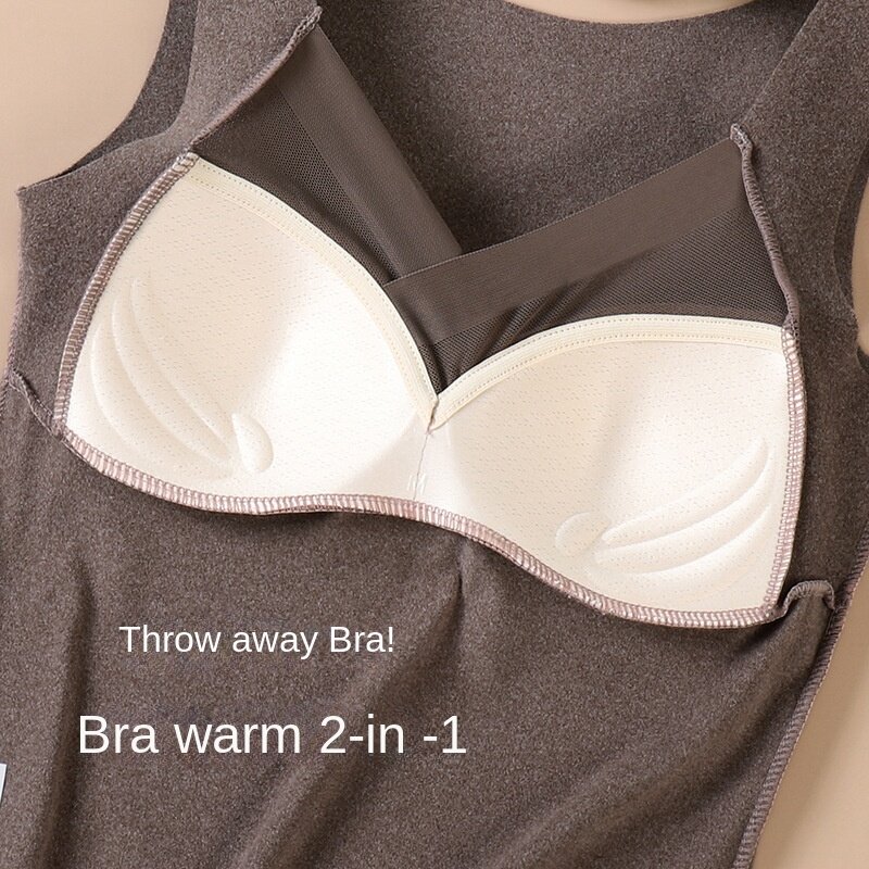 Women's V-neck thermal underwear in autumn and winter Seamless top plush thickened thermal vest with breast pad for women