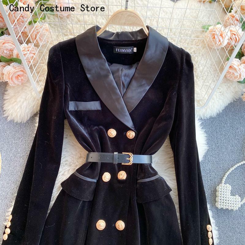 Blazer negro de manga larga con doble botonadura para mujer, traje ajustado con cinturón, prendas de vestir, abrigo de terciopelo, chaqueta de invierno