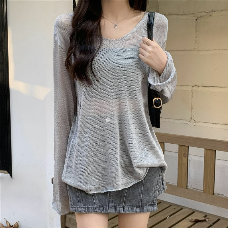 Summer Retro Fashion Long Sleeve Skeleton Knit Women Thin Inner Ice Breathable Sunscreen Blouse Tops Sexy