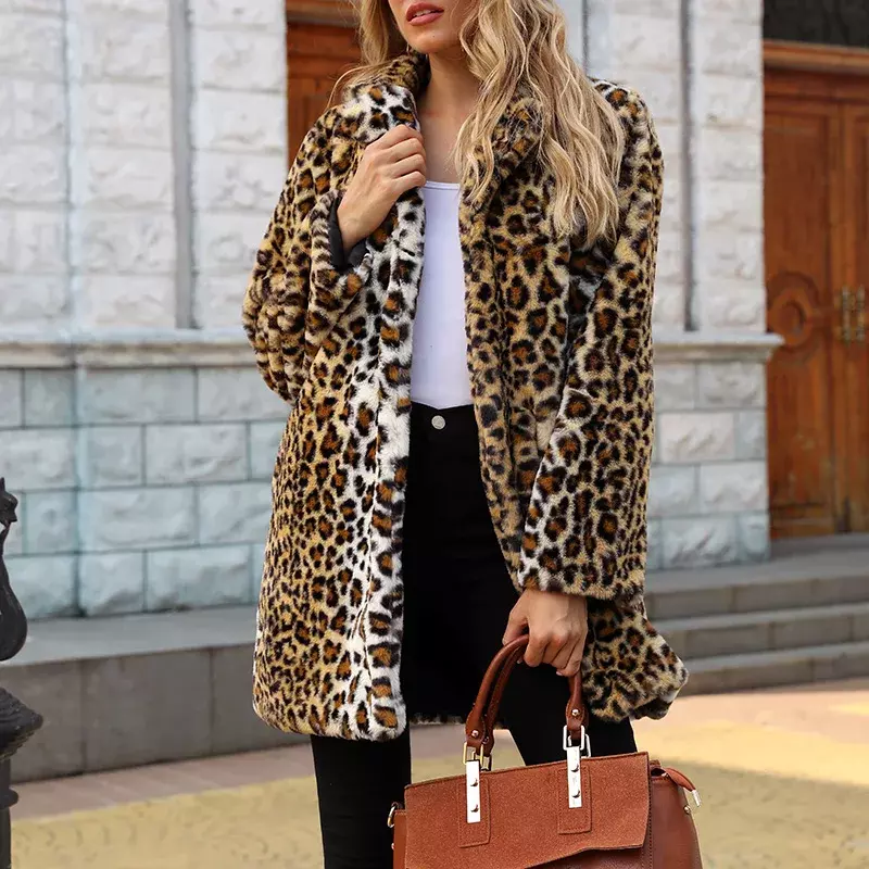 Jesienno-zimowa damskie sztuczne futro Streetwear ciepłe pluszowe pluszowe płaszcze długie wzór w cętki luksusowe kurtka ze sztucznego futra kobiece pluszowy płaszcz