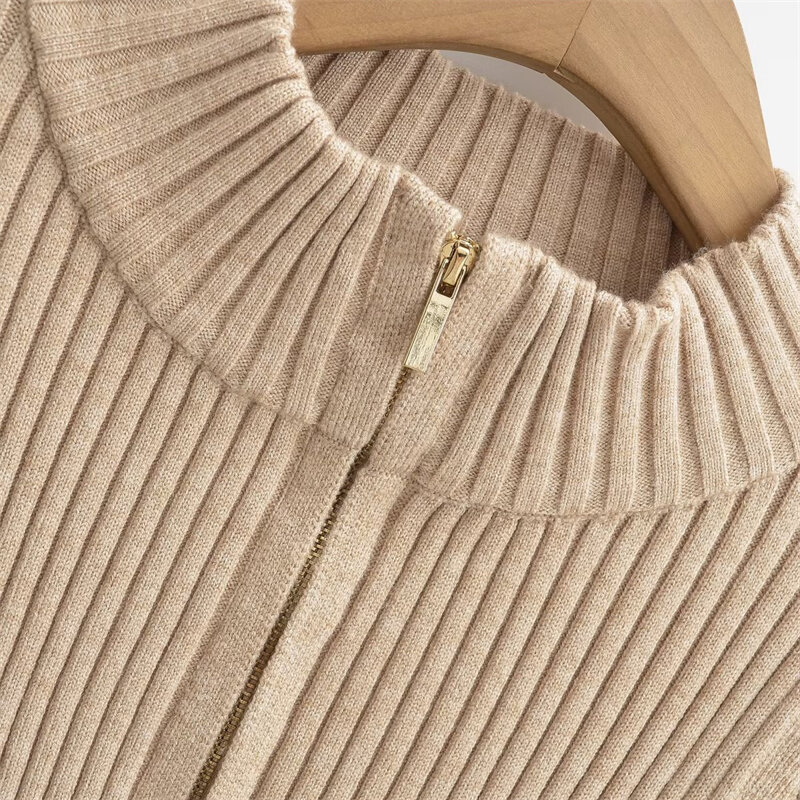 KEYANKETIAN New Launch Women's Double Zipper Design Skinny Knitwear American Retro Basic Mock Neck Slim Sweater Elastic Crop Top