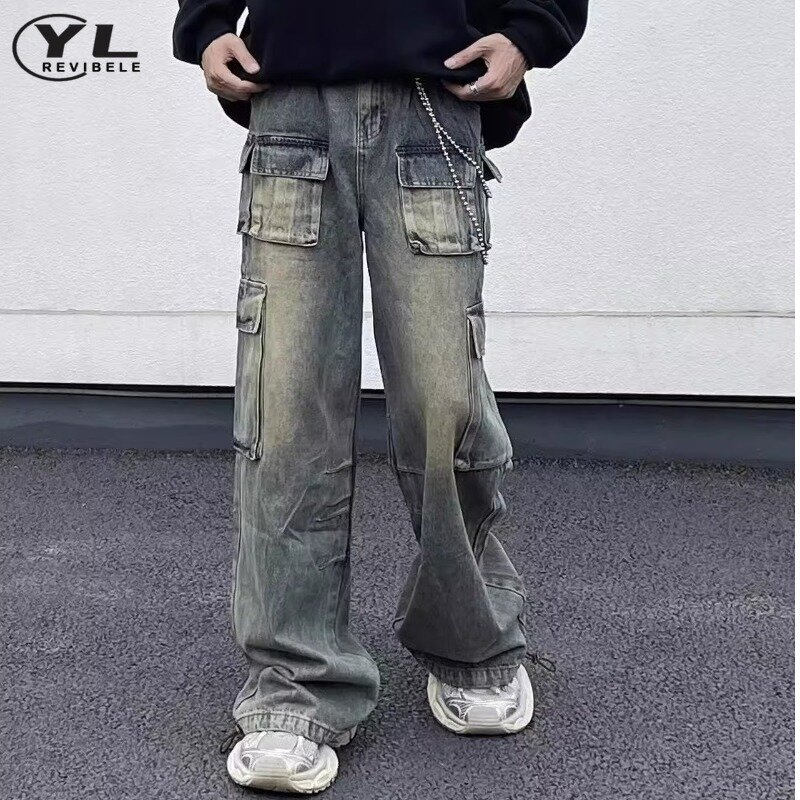 Multi-pocket design high street jeans men women retro baggy washed Wide Leg Denim pant High waist casual Straight Cargo trousers