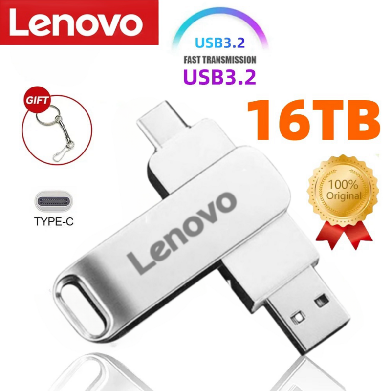 Lenovo-unidad Flash USB 3,2 de 16TB, Pendrive de Metal de transferencia de alta velocidad, tarjeta de Memoria, disco Flash, resistente al agua, 2024