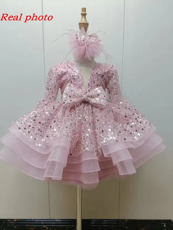 Роскошное детское платье на день рождения с перьями, блестящее платье для девочки на свадьбу, платье для девочки с буфами и цветами, милое детское платье