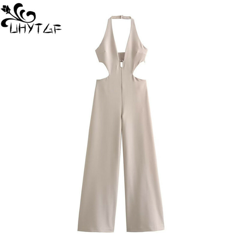 Women Fashion Hollow Out Waist Wide Leg Jumpsuits Sexy Backless Halter Neck Female Playsuits Mujer Jumpsuit Women's 3004