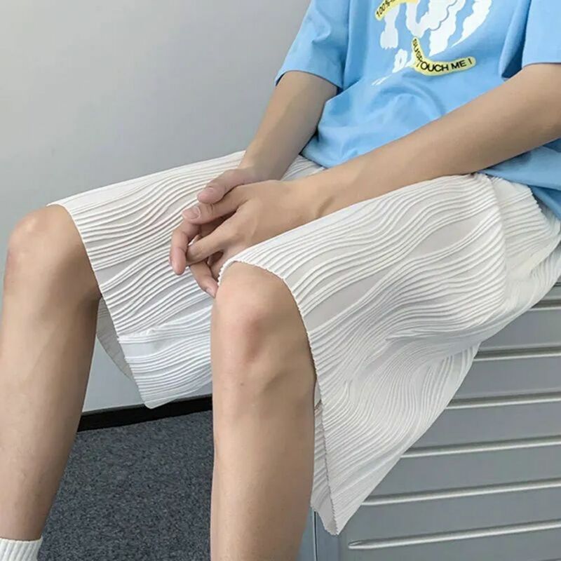 เกาหลีผู้ชายสไตล์ Breathable กางเกงขาสั้นหลวมแฟชั่น Oversize ชายหาดตรงขากว้างภาพ Retro Vintage ผ้าไหมน้ำแข็ง