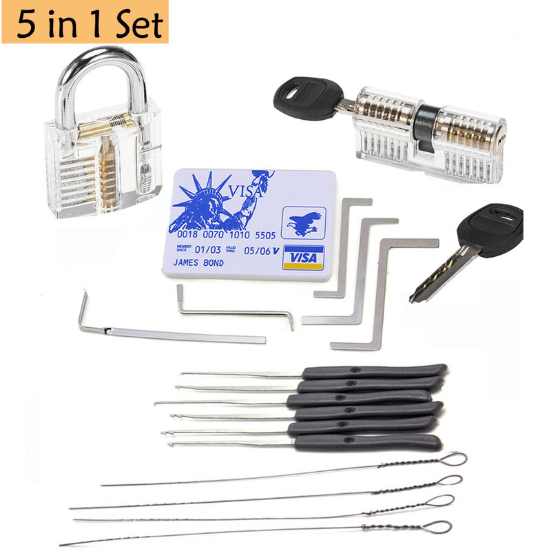 Kit de entrenamiento de selección de cerrajero 5 en 1 con 2 cerraduras transparentes de piezas, removedor de llave rota y herramienta de llave de tensión