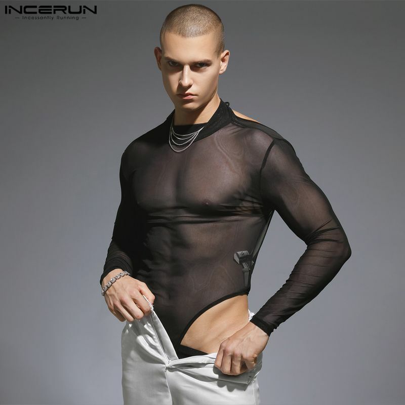 Bodysuit pria seksi pakaian rumah Romper punggung terbuka perspektif jala Fashion tali jumpsuit segitiga lengan panjang S-3XL INCERUN 2023