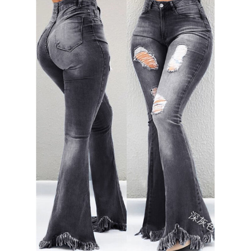 Полноразмерные джинсовые расклешенные Капри, Брюки с карманами и дырками, брюки с вырезами, оборками, джинсовые брюки