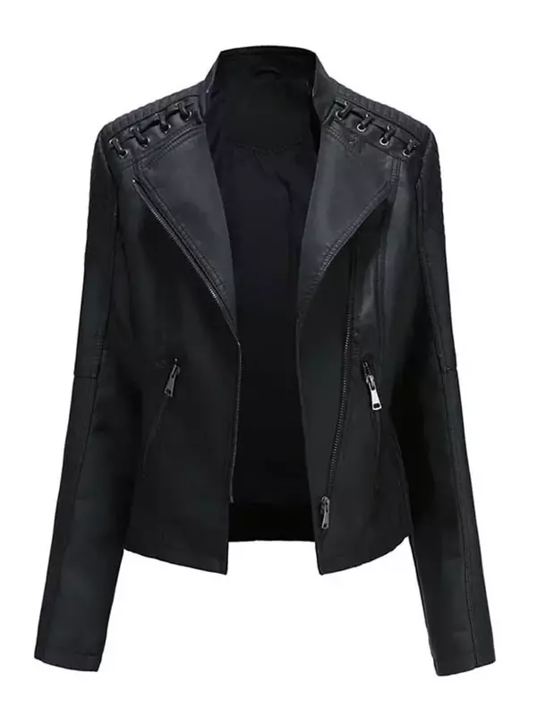 Jaqueta de couro sintético feminina, manga comprida, com zíper, slim, casaco de motociclista, tops femininos soltos, 4x, outono, inverno