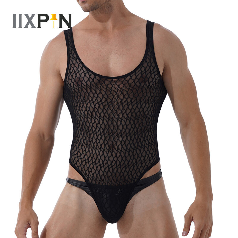 Malha respirável masculina sexy lazer bodysuits moda sem mangas bib calças confortável homewear triângulo fishnet macacão