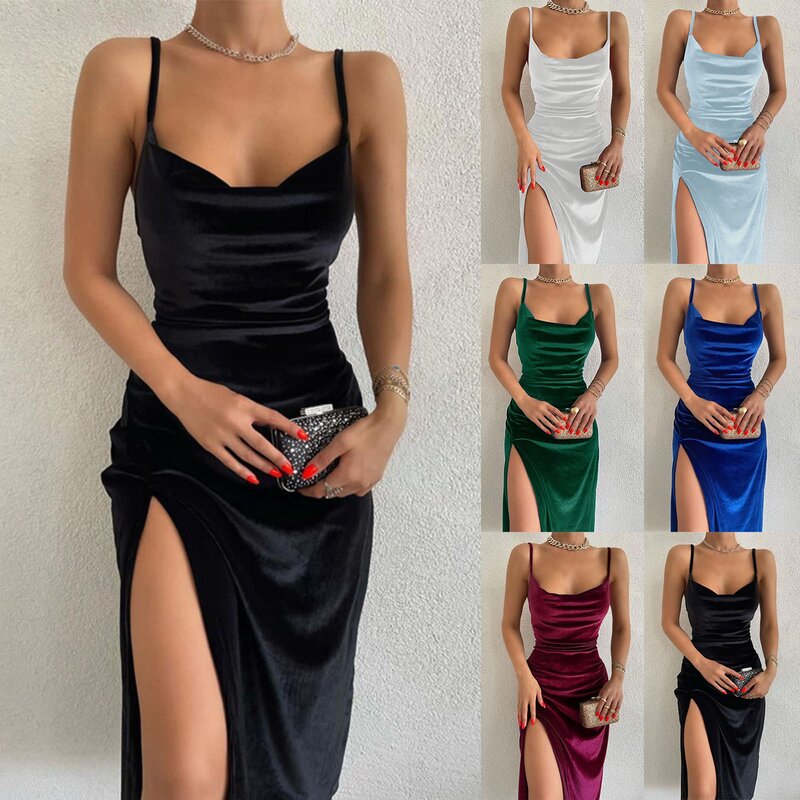 Gaun malam elegan untuk wanita, gaun Bodycon Midi beludru musim panas tanpa lengan bahu terbuka, Gaun klub pesta punggung terbuka untuk wanita 2023