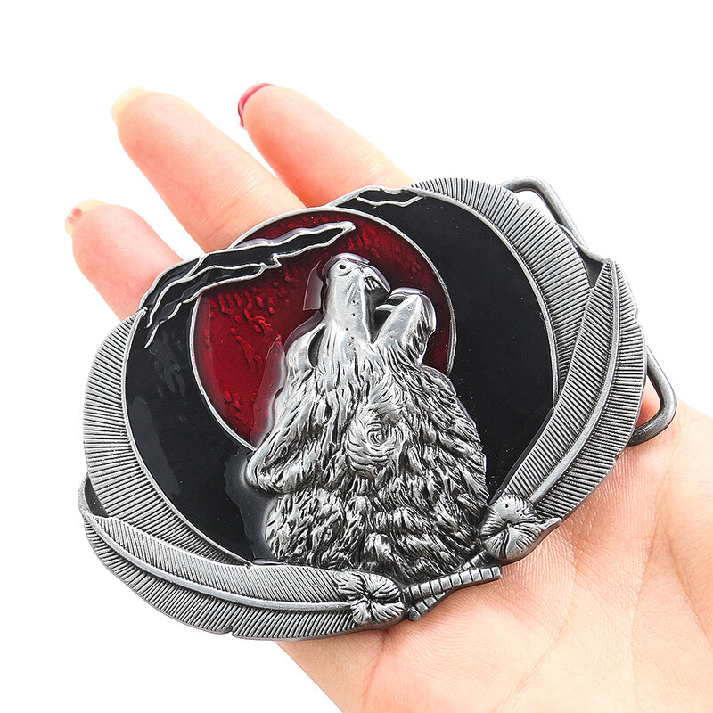 Looking at the Moon Howl Wolf Head Belt Buckle Metal Feather Forest Hunter Western Cowboy Casual Fibulae Suitable for 4cm Leash
