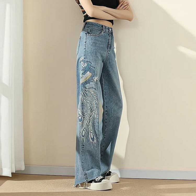 Jeans Phoenix Embroidery Chic Women Straight Leg Trousers Pearl Embellishment Women Graphic With Print Denim Summer Korean Style