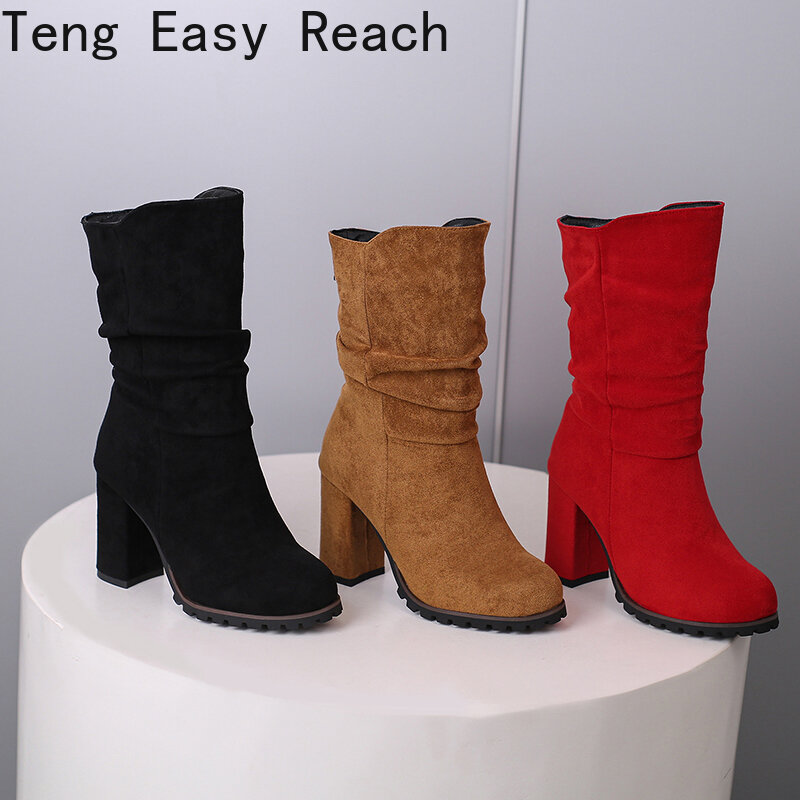 2024 Sexy Women Chunky High Heel Ankle Boots New Fashion Pleated Elastic Boots Round Head Zipper Platform Boots Autumn Mujer