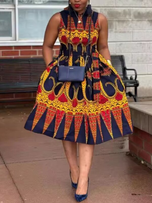 LW gaun motif Tribal wanita, Gaun panjang selutut desain saku motif Tribal, gaun elegan musim panas, Vintage tanpa lengan, motif garis-garis untuk wanita