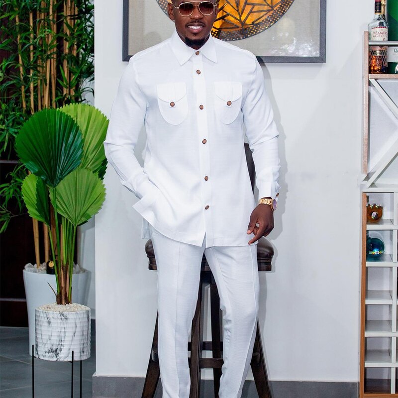 Новый мужской костюм Temos из двух предметов для свадьбы мужское платье длинные брюки рубашка однотонная с длинным рукавом яркий Африканский этнический стиль Одежда