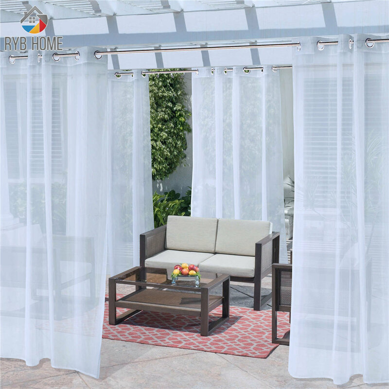 RYB HOME-cortina impermeable para decoración de jardín, cortinas transparentes para porche, gasa Exterior con arandela de anillo plateado, 1 unidad