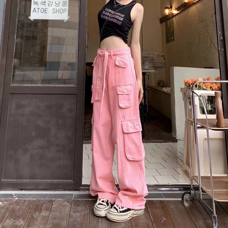 Amerykańskie różowe dżinsy cargo z wieloma kieszeniami dla kobiet, hip-hopowy pasek gotyku, luźne spodnie z prostą nogawką