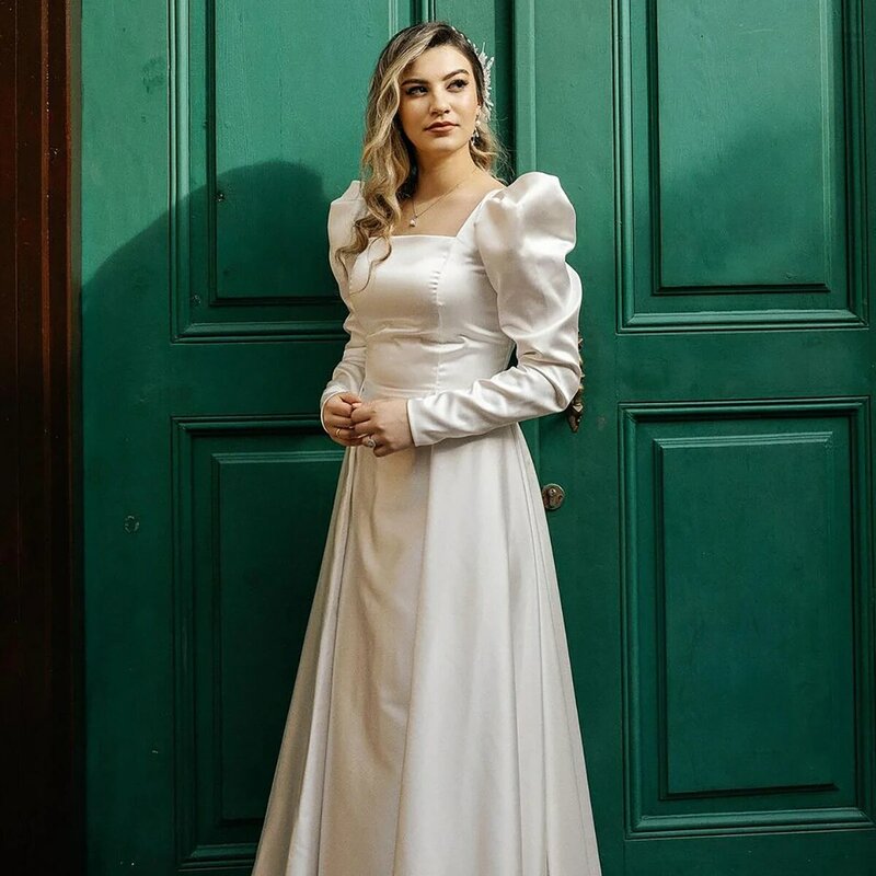 Simple Elegant Square Neck Long Puff Sleeves Bridal Gown Closed Back Custom Made Glossy Satin Build-In Cups A Line Wedding Dress