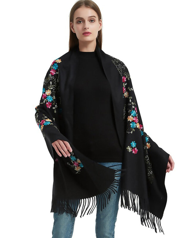 Winter imitation cashmere shawl with thickened tassel scarf flower embroidery women's fashion warmth elegance and temperame