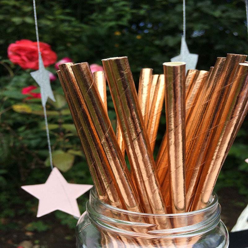 25pcs Rose Gold Paper Straws Stripe Dot Disposable Drinking Straw Wedding Decoration Straw Baby Shower Birthday Party Supplies